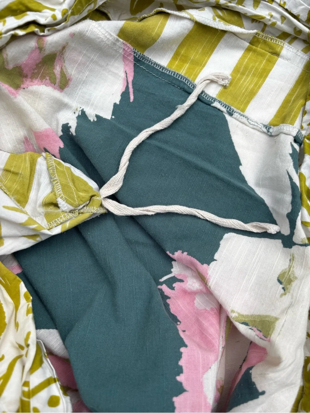 Anthropologie Teal Floral Duvet Cover with Pink Blooms and Olive Stripe Trim